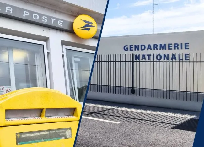 Boîte aux lettres jaune devant la façade de La Poste et devanture de la Gendarmerie de Mansle-les-Fontaines