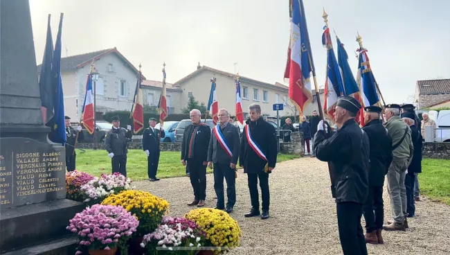 Elus entourés de portes drapeaux face au monument aux morts
